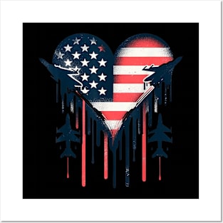 Fighter Jet Airplane American Flag Heart 4Th Of July Posters and Art